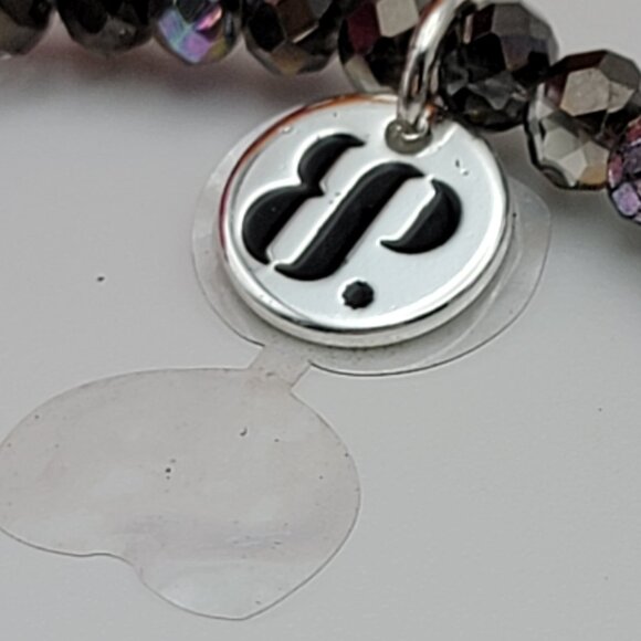 Bomb Party Black Onyx Charm Smoky Crystal Bracelet Stretch 7" Adj. Silver Tone - Picture 6 of 8